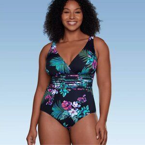 Waist Detail Over the Shoulder One Piece Swimsuit - Aqua Green® Black Floral XL